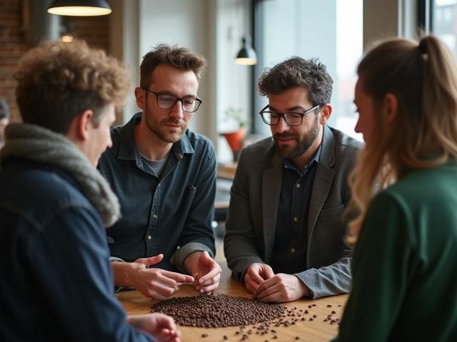Kallio Roastersin tiimi tai perustaja, joka tutkii kahvipapuja hymyillen.