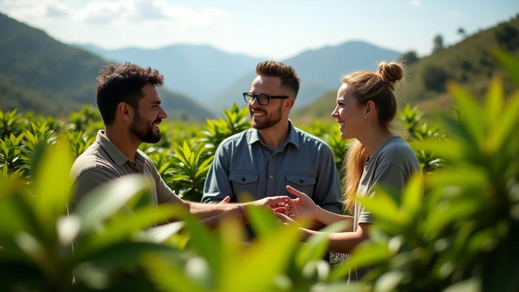 Kallio Roastersin tiimi kahvifarmilla neuvottelemassa viljelijöiden kanssa. Taustalla vehreitä kahvipensaita.
