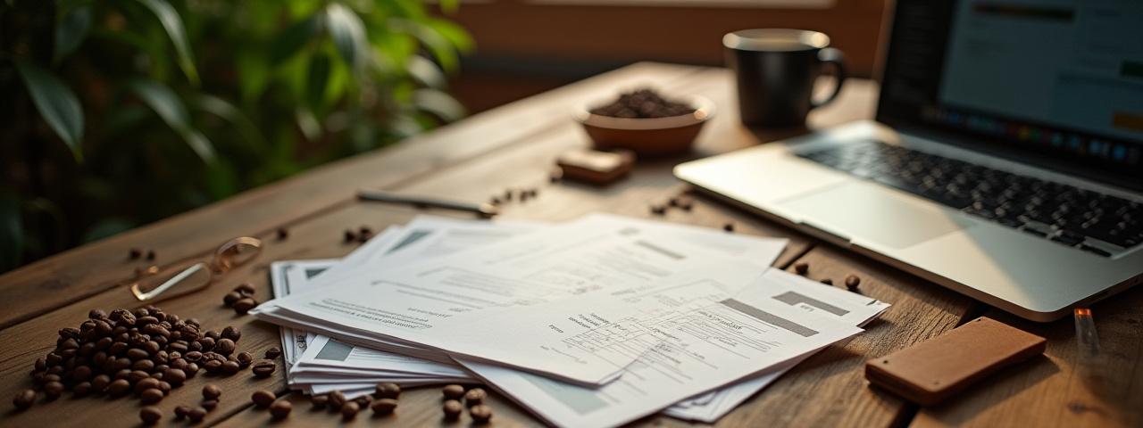 Kahvipavut ja konsultointisuunnitelmat pöydällä